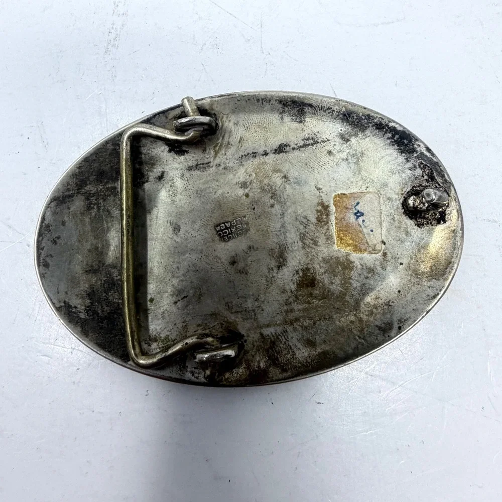 Vintage Mexico Alpaca Silver Horse Belt Buckle Abalone Shell Mosaic Inlay 3.25